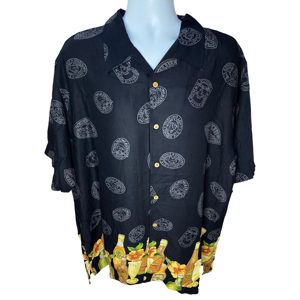 Cherokee Hawaiian Shirt Men’s Size XL Black Gray Rayon Beer Bottle Print Vintage